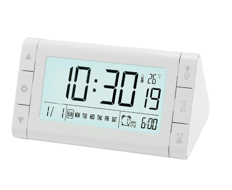 Triangular Digital Alarm Clock with Multi-Day Alarm Modes and Integrated Stopwatch