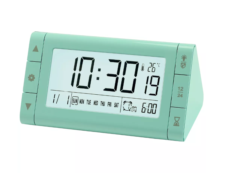 Triangular Digital Alarm Clock with Multi-Day Alarm Modes and Integrated Stopwatch