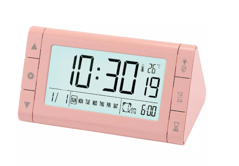 Triangular Digital Alarm Clock with Multi-Day Alarm Modes and Integrated Stopwatch